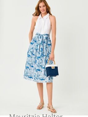 Lilly Pulitzer White and Blue Sleeveless Collared Dress with Bow Waist NWT